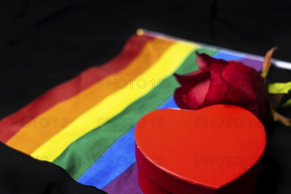 Lgbt wedding concept. Red rose with little heart box on lgbtq rainbow flag on black background