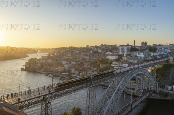 Porto City, Douro River and Dom Luis bridge I with Tram from Tourist Viewpoint Miradouro da Serra