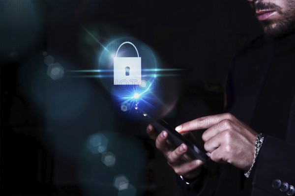Businessman using cell phone. cyber security concept and internet privacy data protection. business