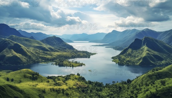Lake nestled in a verdant mountainous landscape under a soft cloudy sky, AI generated