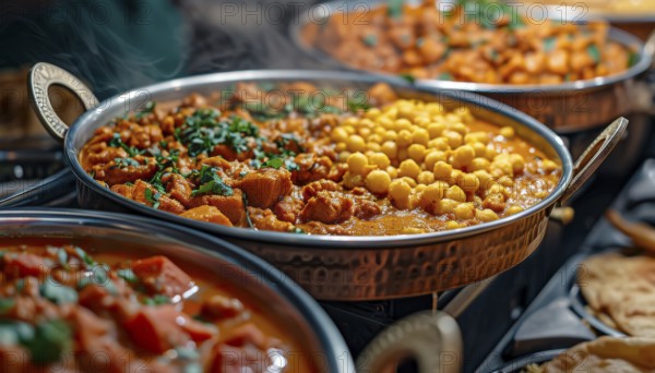 Multiple bowls of Indian curries with steam rising evoke a spicy and diverse meal, AI generated