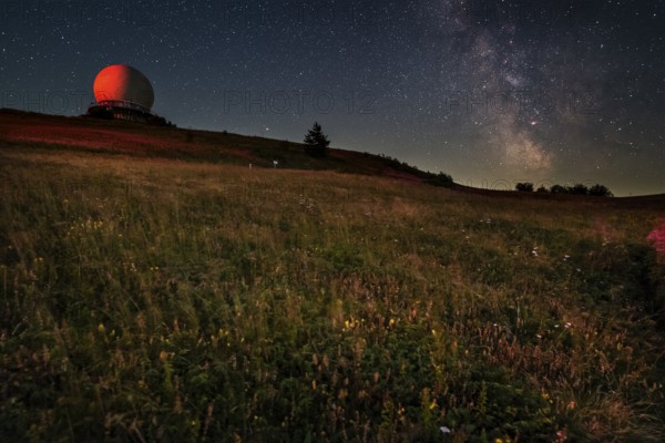 Wasserkuppe with radome at night, Milky Way, Hesse, Germany, Europe