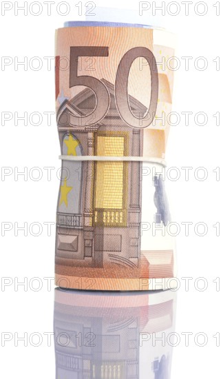 Roll of Euro bank notes, isolated on white, with a reflection underneath