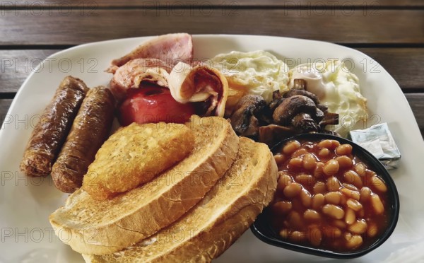 Full english breakfast on a plate, featuring fried eggs, bacon, sausages, baked beans, mushrooms,