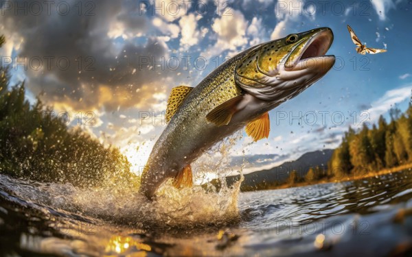 A trout jumps high out of the water to catch a moth in flight, AI generated, AI generated