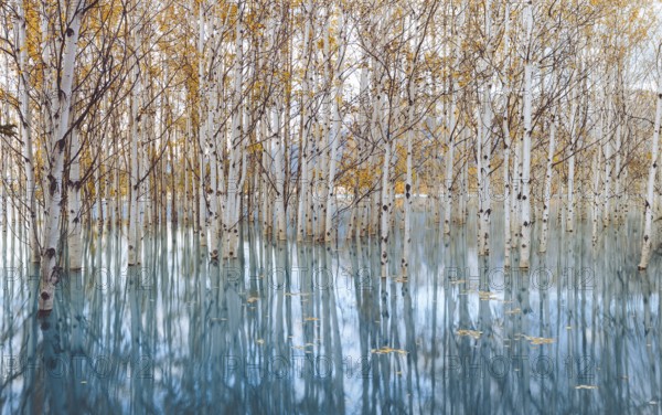 A tranquil scene of a flooded forest with tall, bare birch trees and their reflections in the calm