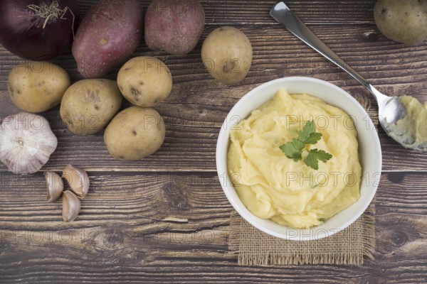 Composition with mashed potatoes wooden table. Resolution and high quality beautiful photo