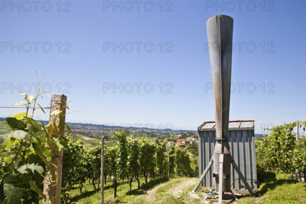 Hail cannon in Italian vineyard, Monferrato and Langhe area, Piemonte region