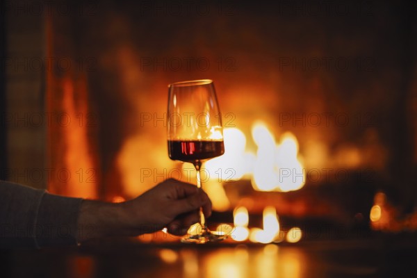 Man having red wine by the fireplace. Close up of man holding and drinking red wine glass by open