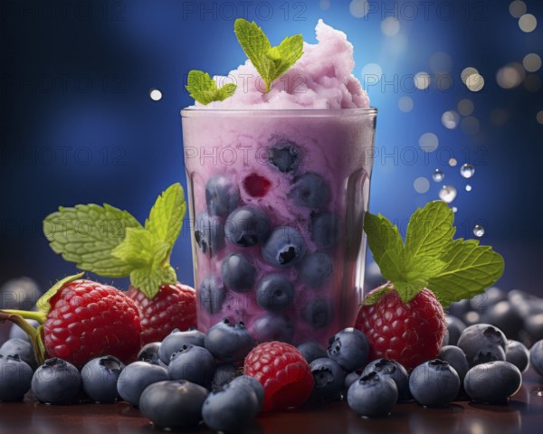 Fresh fruit shake in a glass, milkshake, smoothie, ice cream, wild berry, raspberry, blueberry,