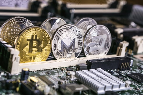 Golden Bitcoin and altcoins Monero and dash Cryptocurrency on computer circuit board. Blockchain