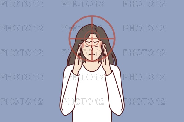 Depressed woman with rifle target near face senses danger and is stressed out due to bullying or