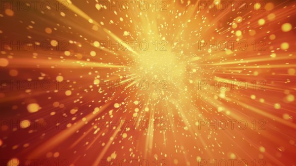 Warm orange abstract image with glowing defocused particles and radial bokeh effect creating