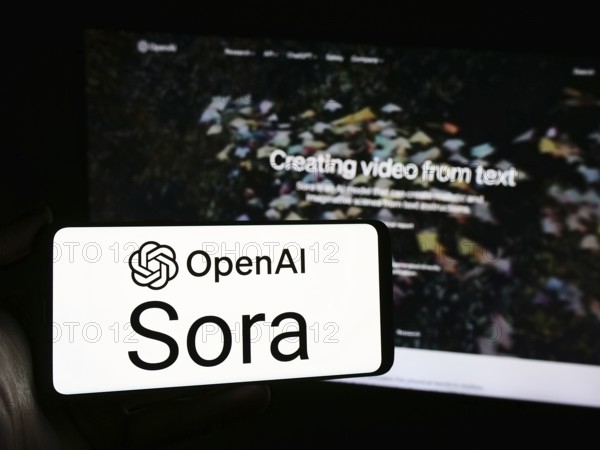 Stuttgart, Germany, 03-06-2024: Person holding smartphone with logo of text-to-video model software