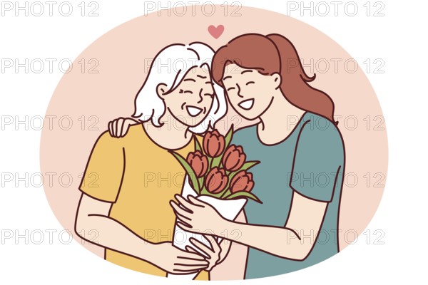 Woman hugs elderly mother and gives bouquet of flowers congratulating with birthday or mother day