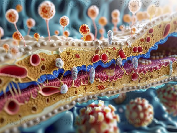 Detailed cross-section of human skin structure cells with vibrant colors and diverse textures, AI