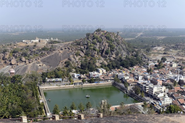 View at the top of the statue, Gomateshwara statue, Jaina-Asket, Jain temple on Vindyagiri Hill,