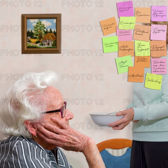 Portrait of an elderly woman who is cared for and looked after by her daughter, but must not forget