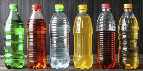 Six plastic bottles filled with various colorful liquids arranged in a straight line, AI generated