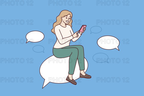 Woman is chatting on mobile phone, sitting on speech bubble and typing SMS or comment on social