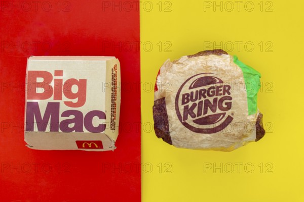 Calgary, Alberta. Canada. May 17, 2021. A Mcdonald's Big Mac and Burger King Whopper hamburgers.