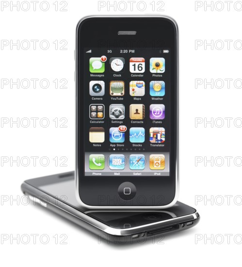 Apple iPhone 3Gs 3G smartphone with apps displayed on the screen isolated on white background. High