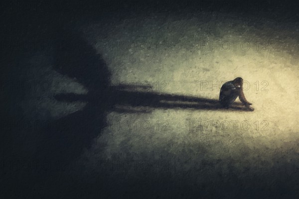 Surreal painting of a man sitting alone isolated in a dark room, casting a shadow of a powerful