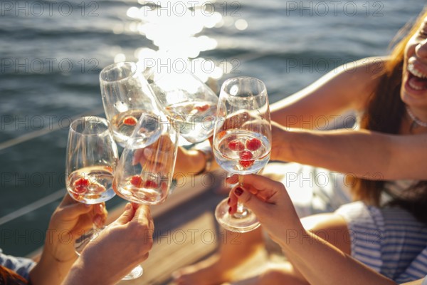 Female hands holding glasses of champagne with raspberries on board the boat. Sunset sky and sea on