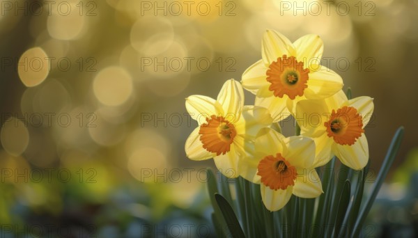 Sunlit daffodils, duke of rothesay narcissus, against a blurred background, creating a serene