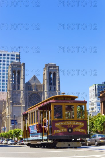 San Francisco, USA, May 20, 2016: Cable car passing down California Street in front of Grace