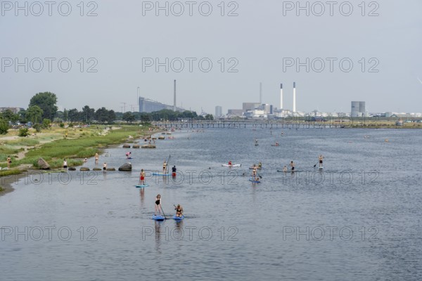 Copenhagen, Denmark, June 21, 2021: People doing SUP, stand up paddle at Amager Beach Park, Europe
