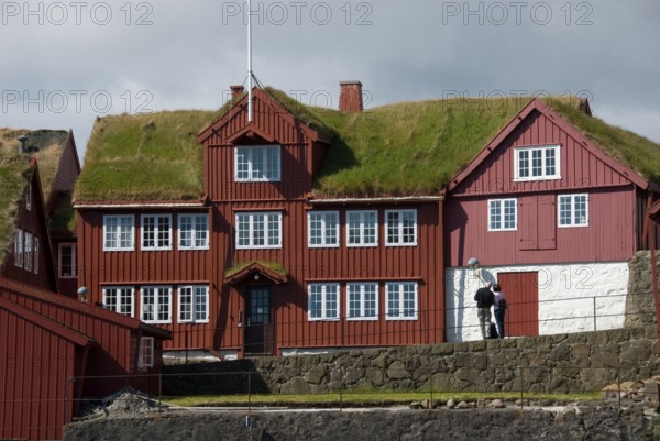 Grass sod house, Torshavn, green roof, old town on Tinganes peninsula, Thorshaven, Streymoy Island,