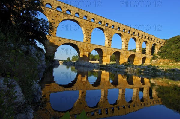 Pont du Gard, Roman aqueduct, Gardon river, Vers-Pont-du-Gard, Gard department, Provence, France,