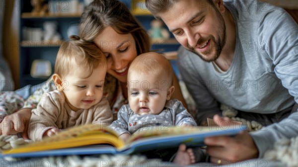 Parents reading a book to their babies while lying on a bed, AI generated