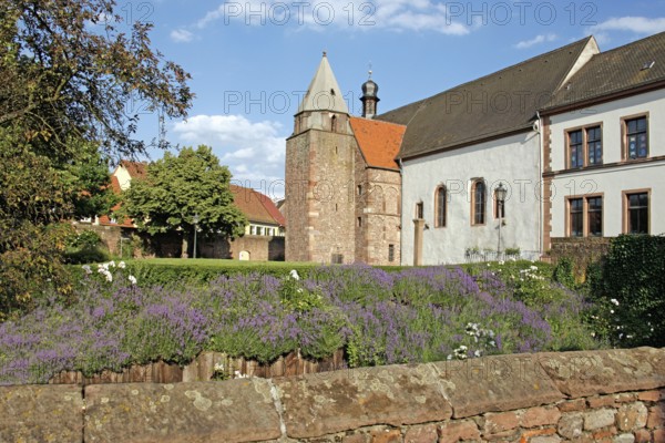 Romanesque bell tower, Chapel of St. Sebastian, Old Town of Ladenburg, Baden-Württemberg, city