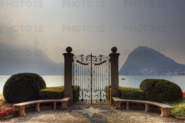 Gate, Parco Civico of Villa Ciani, Lake Lugano, Monte Salvatore, Lugano, Ticino, Lago di Lugano,
