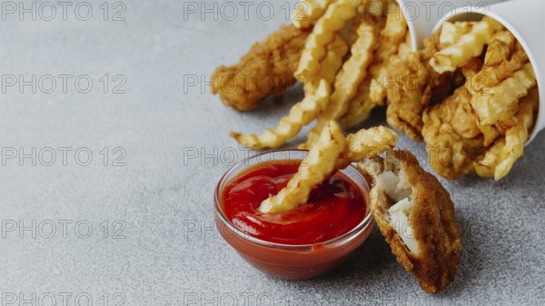 Fish chips with ketchup copy space