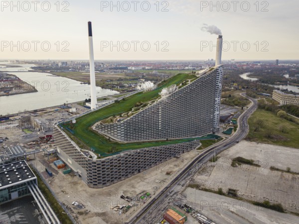 Copenhagen, Denmark, April 12, 2020: Aerial drone view of Amager Bakke, a waste to power plant with