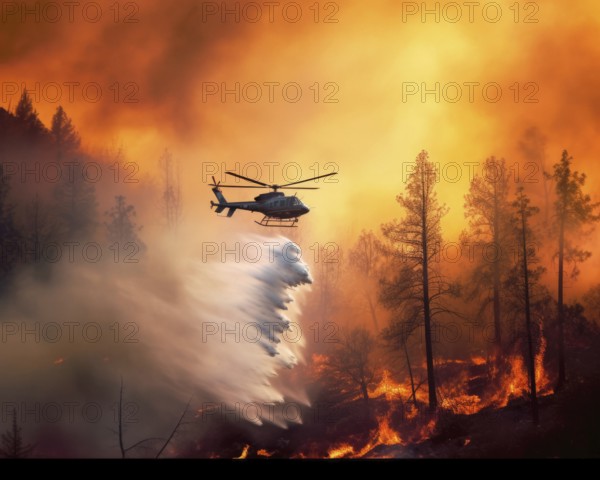 Firefighting helicopter pours water over forest fire, flames, fire inferno, climate change, heat,