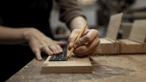 Female carpenter working studio with pencil. Resolution and high quality beautiful photo