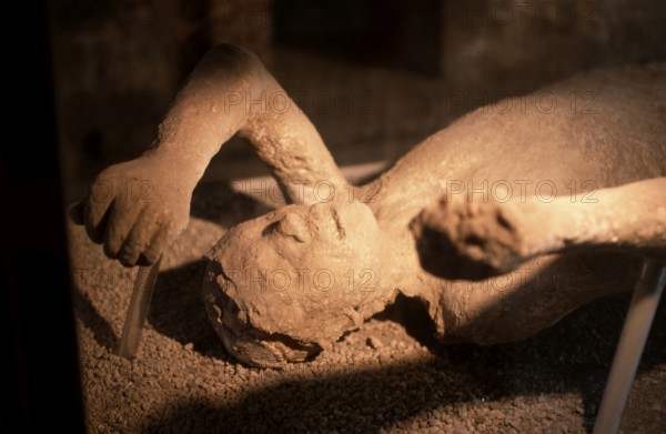 Plaster cast of a human found at excavation, Pompeii, Italy, Plaster cast of a human found at