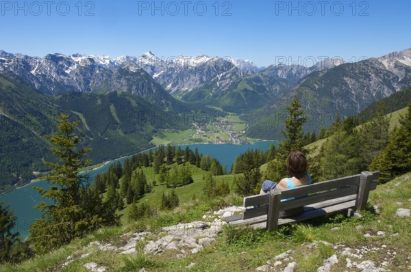 View of Lake Achensee from the Durra Cross, Tyrol, Austria, Europe