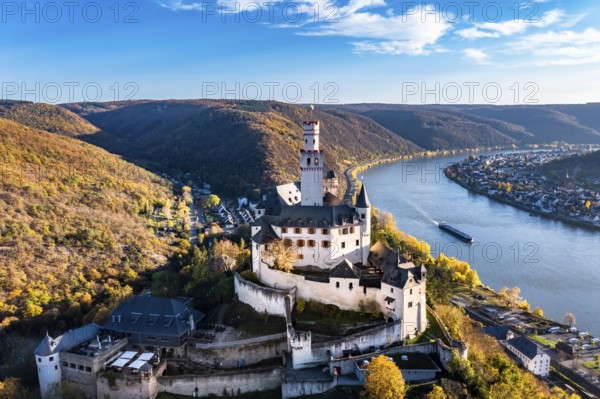 Aerial view of the Rhine Valley with the Marksburg Castle, Braubach, UNESCO World Heritage Site,