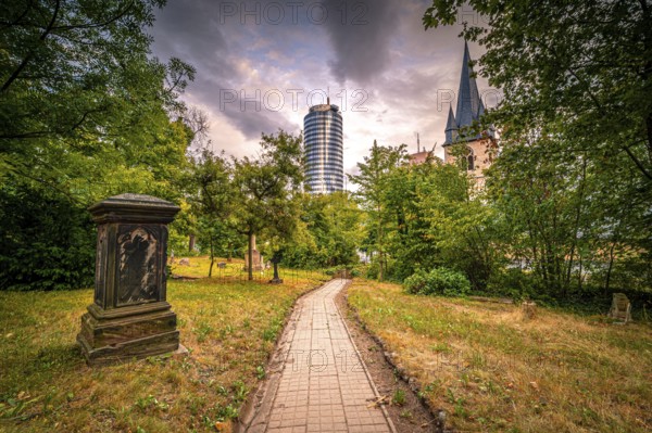 View of the Jentower on the left and the Catholic Church of St. John Baptist on the right from the