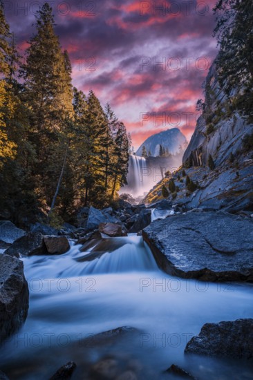 Vernal Falls waterfall of Yosemite National Park from the water that falls into the stones in