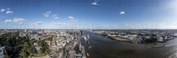 Large panorama, aerial photo, drone photo, Elbe, skyline harbour with museum ships, container