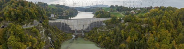 Dam, Lac de Gruyère, Lake Gruyère, reservoir, aerial view, Fribourg, Switzerland, Europe