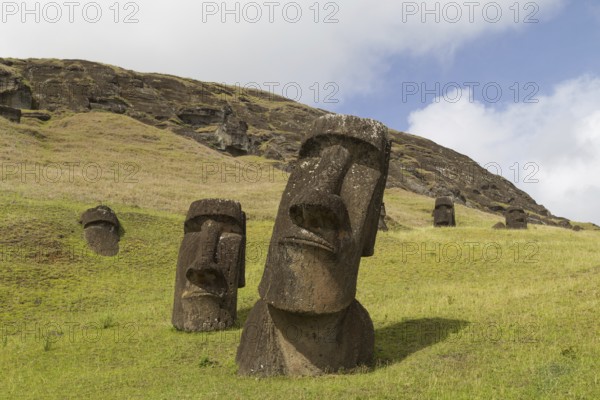 Photograph of the moais at Rano Raraku stone quarry on Easter Island in Chile