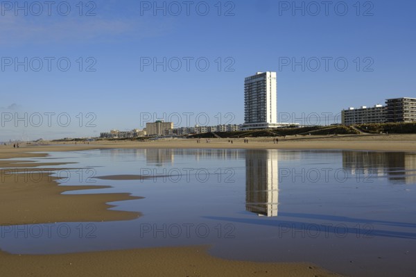 Building on sandy beach, reflection, North Sea, Zandvoort, Netherlands