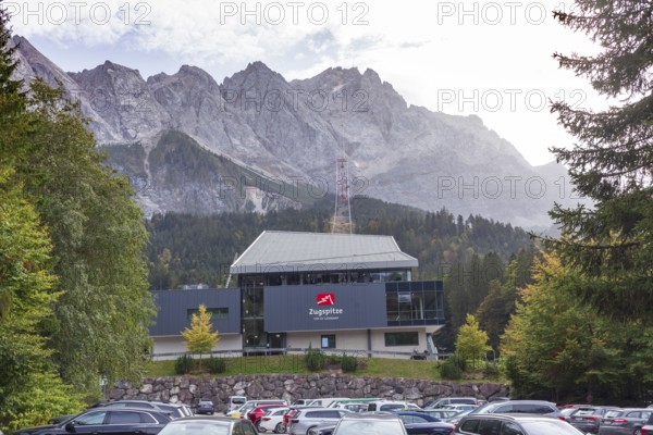 New cable car station to the Zugspitze with Zugspitze massif from the Eibsee lake, Grainau,